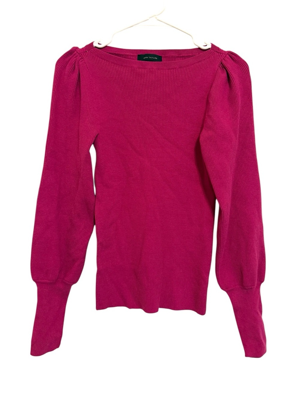 2/$30 Ann Taylor Ribbed Knit Sweater Small Pink Puff Sleeve Embellished Cuff Top